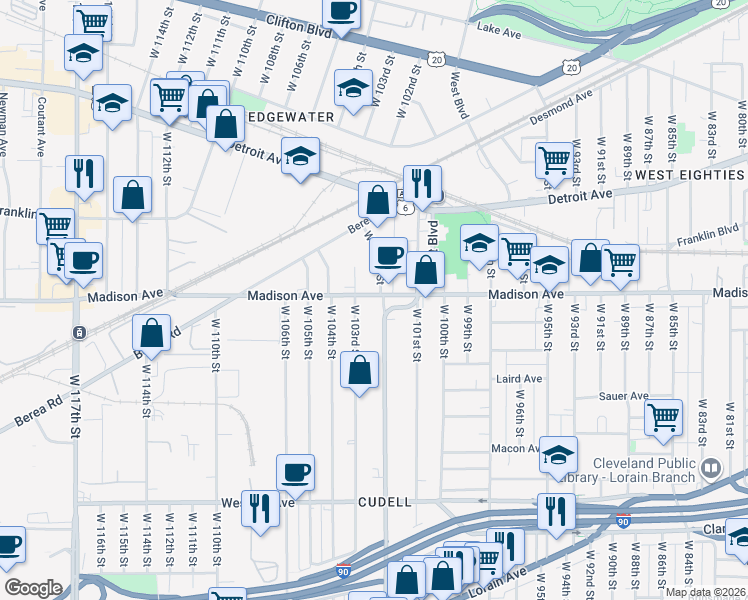 map of restaurants, bars, coffee shops, grocery stores, and more near 2018 West Boulevard in Cleveland