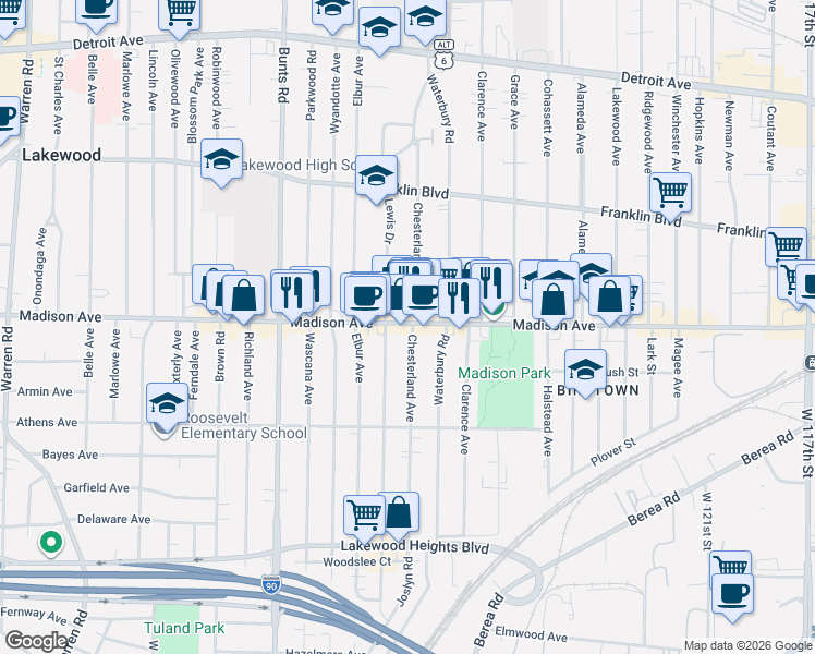 map of restaurants, bars, coffee shops, grocery stores, and more near 2012 Chesterland Avenue in Lakewood