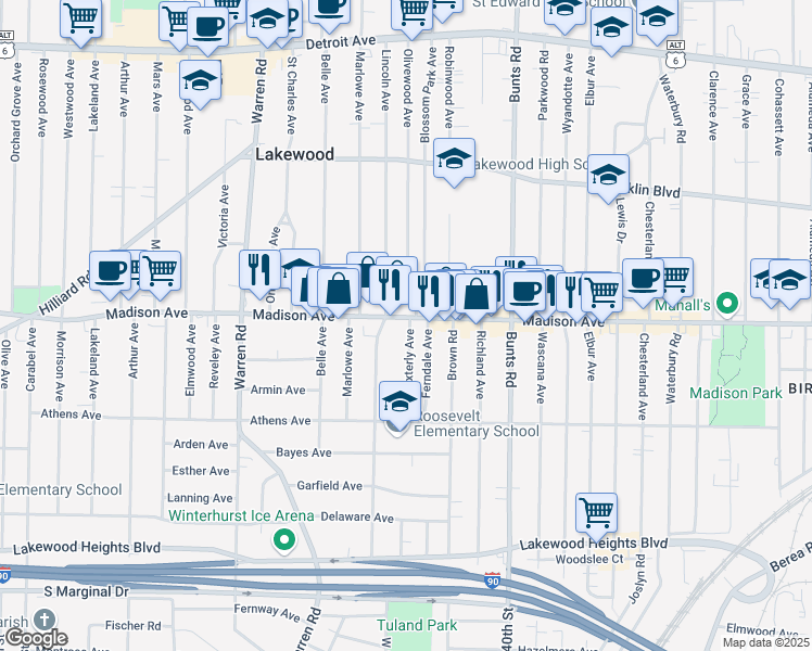 map of restaurants, bars, coffee shops, grocery stores, and more near 2019 Baxterly Avenue in Lakewood