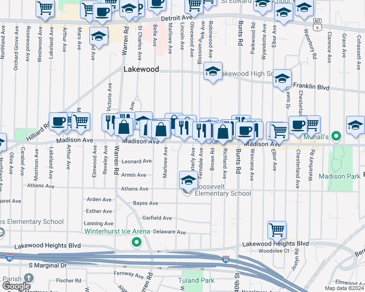 map of restaurants, bars, coffee shops, grocery stores, and more near 2021 Lincoln Avenue in Lakewood