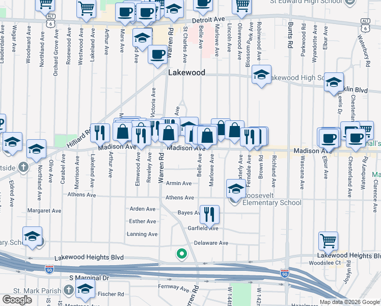 map of restaurants, bars, coffee shops, grocery stores, and more near 18225 Detroit Avenue in Lakewood