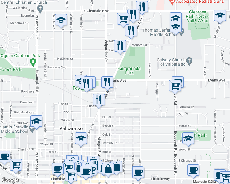map of restaurants, bars, coffee shops, grocery stores, and more near 902 Calumet Avenue in Valparaiso