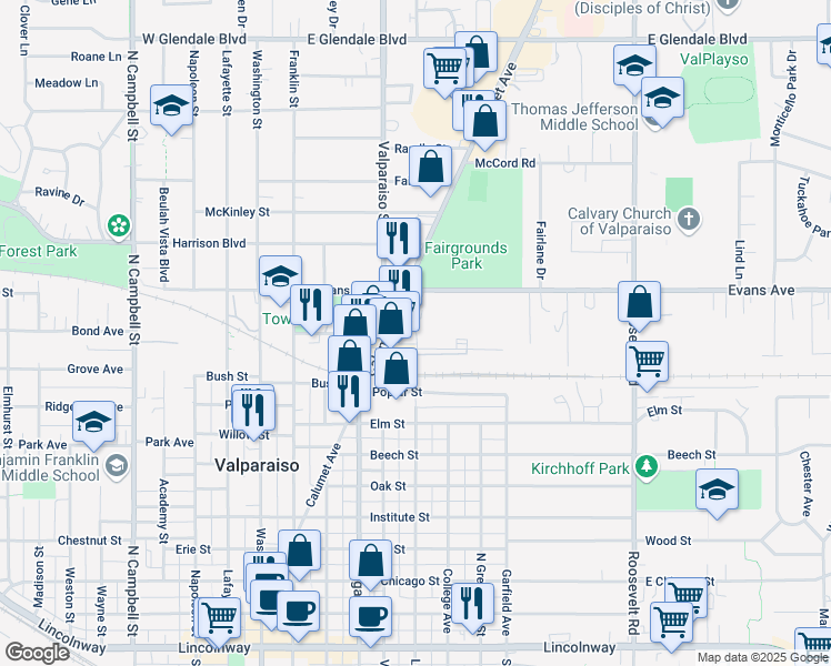 map of restaurants, bars, coffee shops, grocery stores, and more near 902 Calumet Avenue in Valparaiso