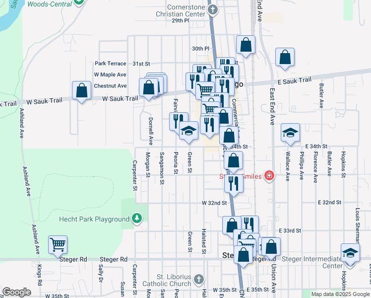 map of restaurants, bars, coffee shops, grocery stores, and more near 3014 Green Street in Steger