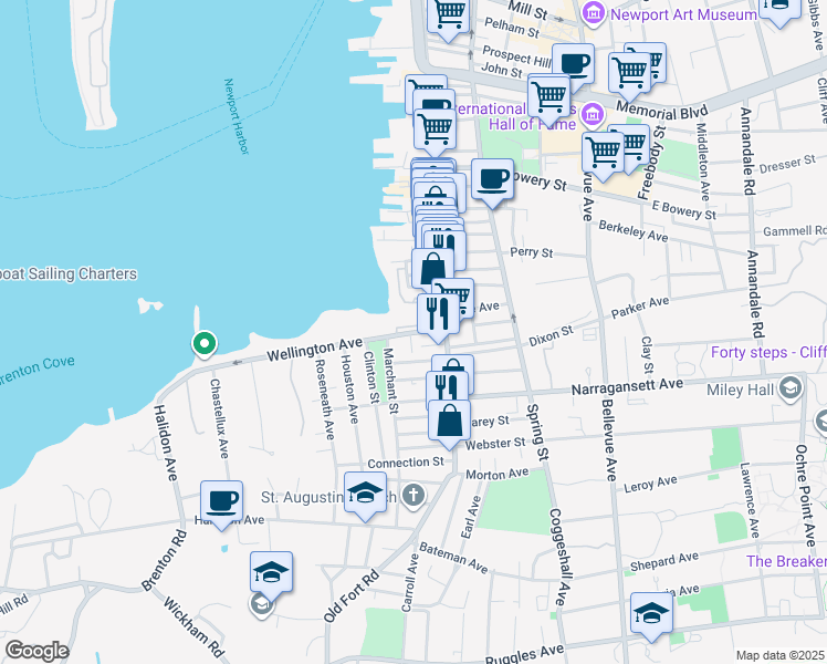map of restaurants, bars, coffee shops, grocery stores, and more near 1 Marchant Street in Newport