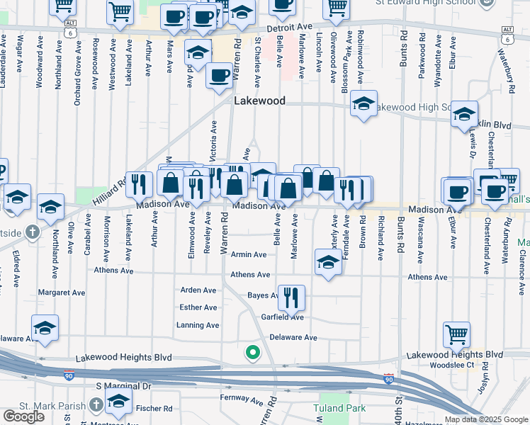 map of restaurants, bars, coffee shops, grocery stores, and more near 14555 Madison Avenue in Lakewood