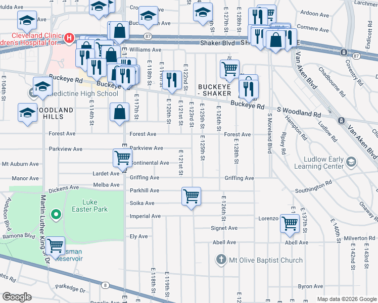 map of restaurants, bars, coffee shops, grocery stores, and more near 3025 East 123rd Street in Cleveland
