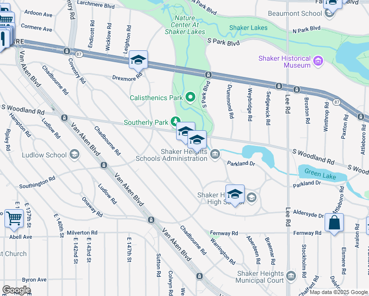 map of restaurants, bars, coffee shops, grocery stores, and more near 15400 South Woodland Road in Shaker Heights