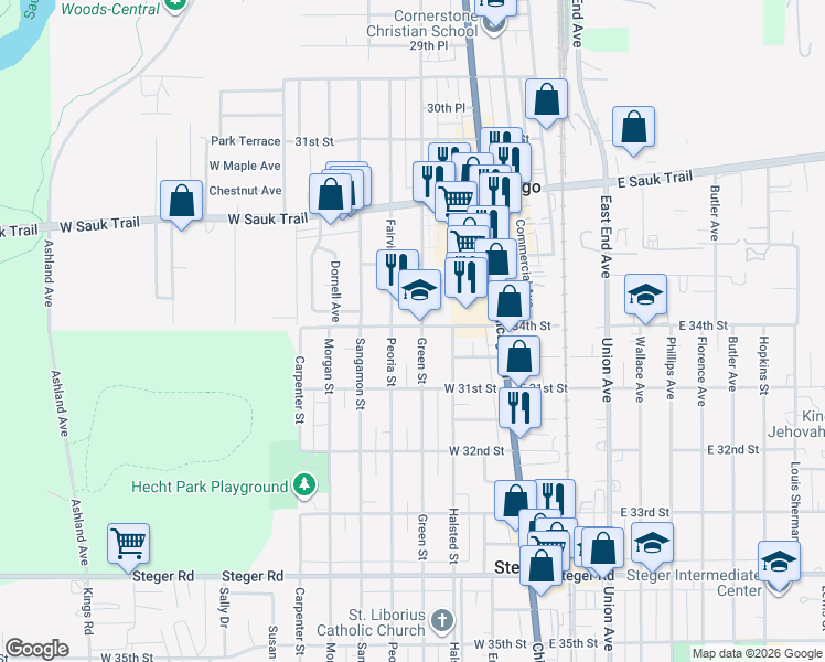 map of restaurants, bars, coffee shops, grocery stores, and more near 3014 Green Street in Steger
