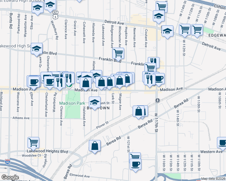 map of restaurants, bars, coffee shops, grocery stores, and more near Madison Avenue & Lark Street in Lakewood