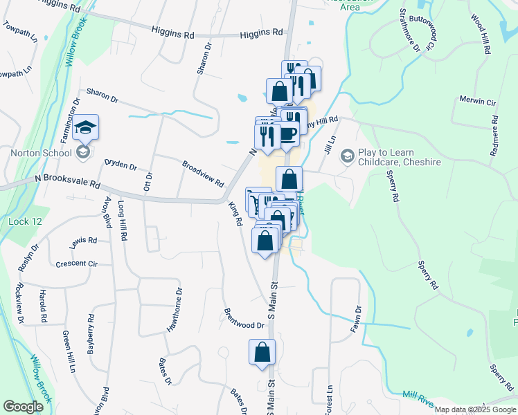 map of restaurants, bars, coffee shops, grocery stores, and more near 99 Sunset Road in Cheshire