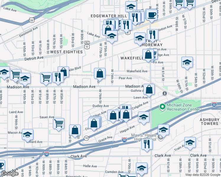 map of restaurants, bars, coffee shops, grocery stores, and more near 7412 Lawn Avenue in Cleveland