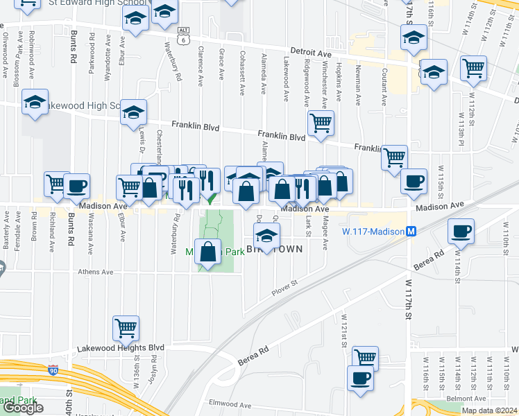 map of restaurants, bars, coffee shops, grocery stores, and more near Madison Ave & Dowd Ave in Lakewood