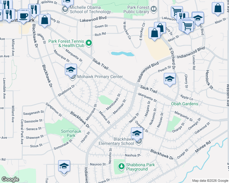map of restaurants, bars, coffee shops, grocery stores, and more near 320 Manitowac Street in Park Forest