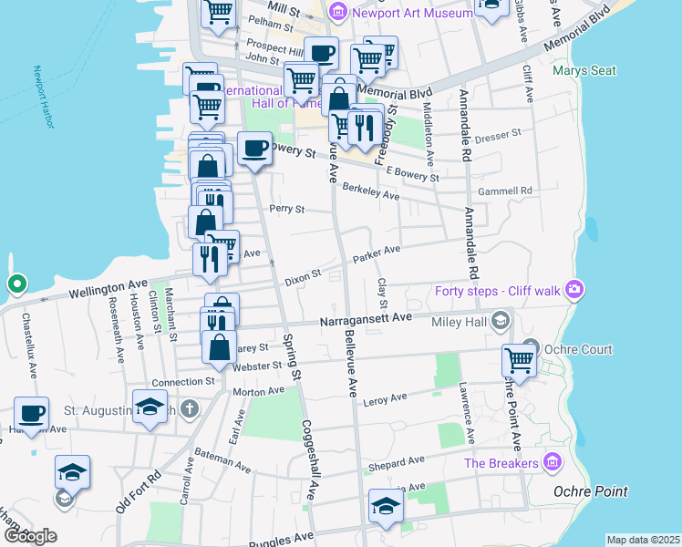 map of restaurants, bars, coffee shops, grocery stores, and more near 401 Bellevue Avenue in Newport
