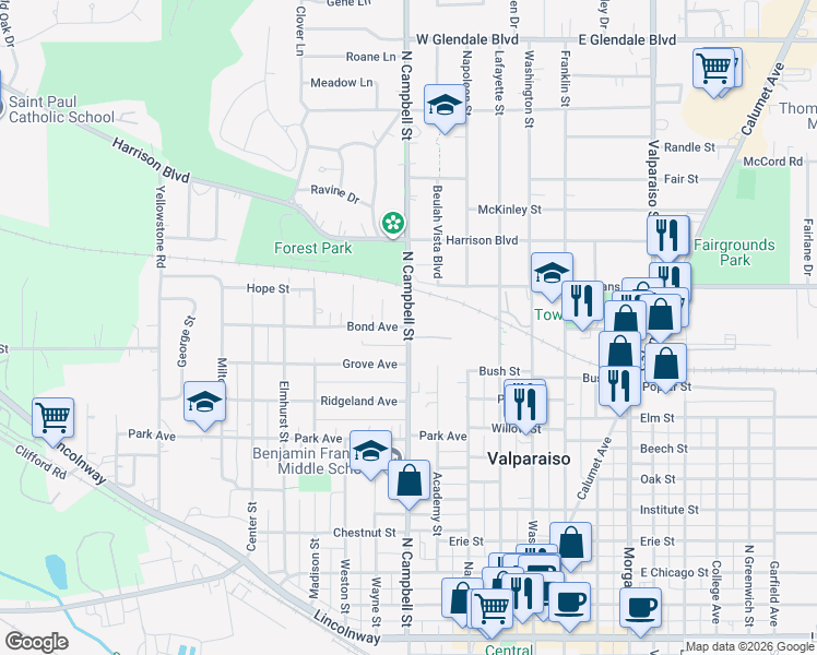 map of restaurants, bars, coffee shops, grocery stores, and more near 400 Bond Avenue in Valparaiso