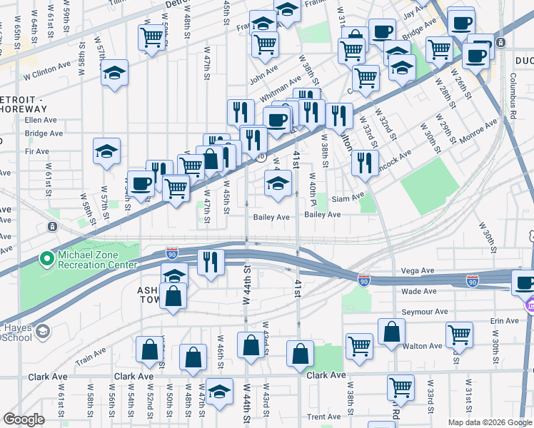 map of restaurants, bars, coffee shops, grocery stores, and more near 4209 Bailey Avenue in Cleveland