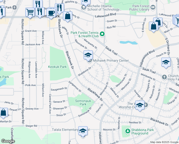 map of restaurants, bars, coffee shops, grocery stores, and more near 252 Mantua Street in Park Forest