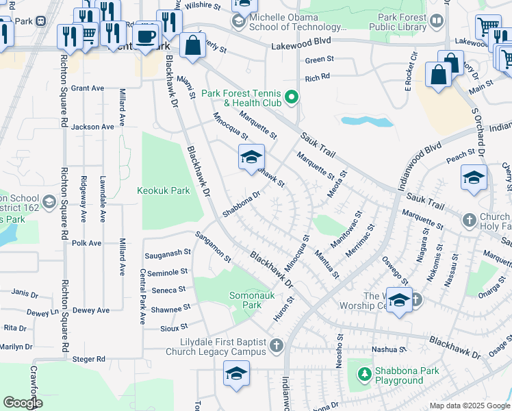 map of restaurants, bars, coffee shops, grocery stores, and more near 252 Mantua Street in Park Forest