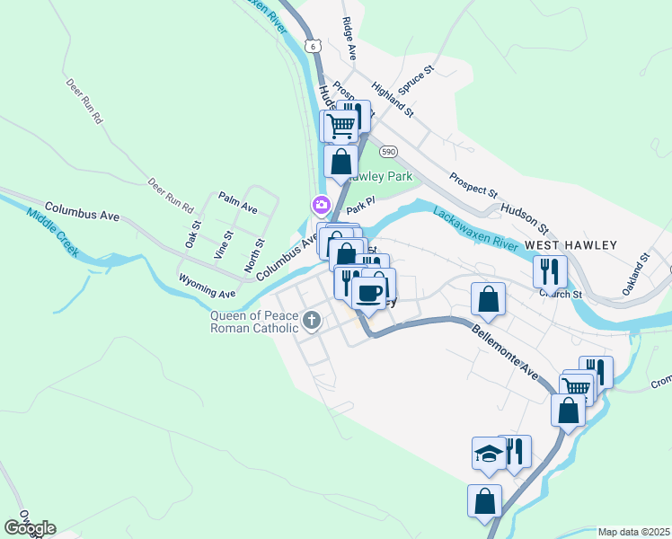 map of restaurants, bars, coffee shops, grocery stores, and more near 409 Keystone Street in Hawley
