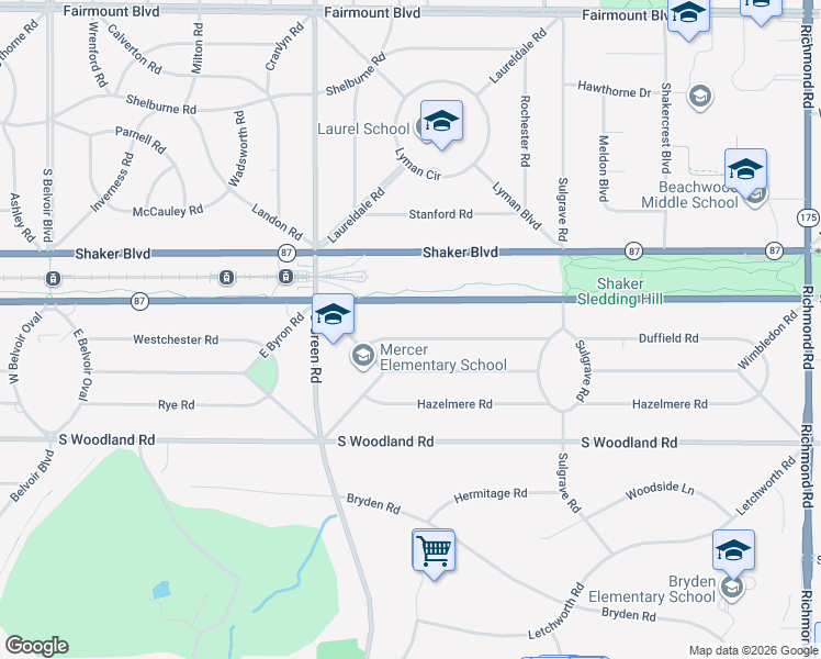 map of restaurants, bars, coffee shops, grocery stores, and more near 23570 Duffield Road in Shaker Heights
