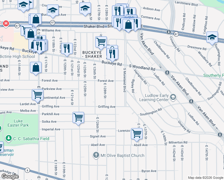 map of restaurants, bars, coffee shops, grocery stores, and more near 3026 East 130th Street in Cleveland