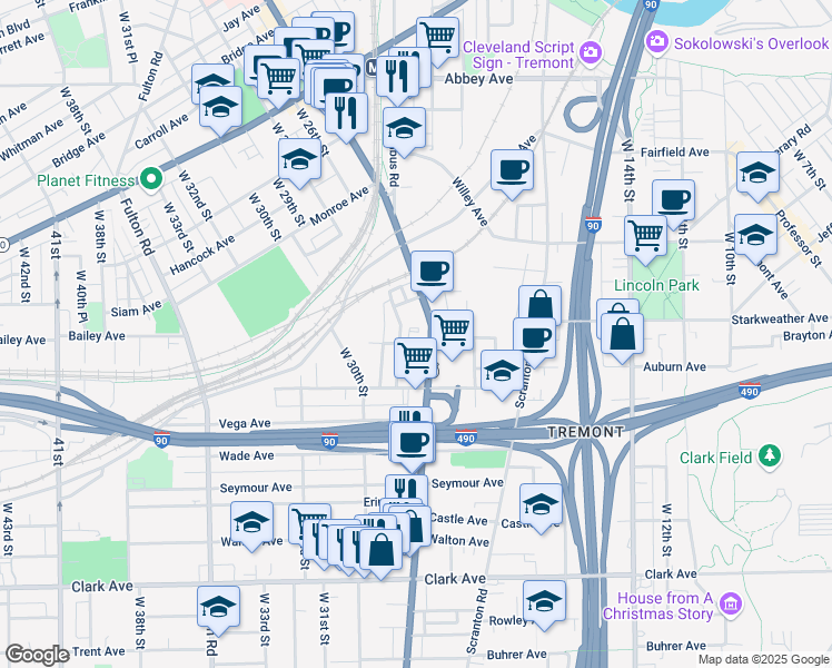 map of restaurants, bars, coffee shops, grocery stores, and more near 2600 West 25th Street in Cleveland