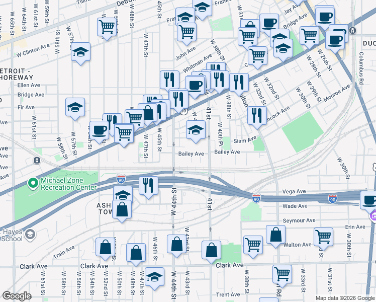 map of restaurants, bars, coffee shops, grocery stores, and more near 4209 Bailey Avenue in Cleveland