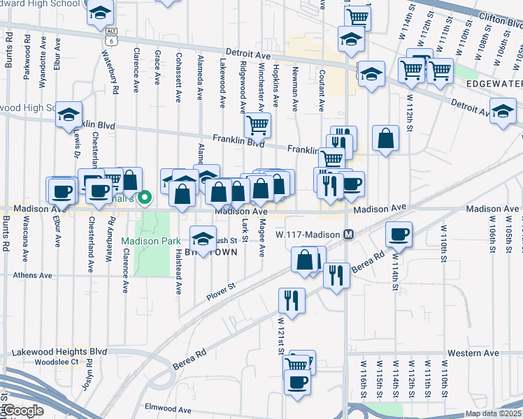 map of restaurants, bars, coffee shops, grocery stores, and more near 12201 Madison Avenue in Lakewood