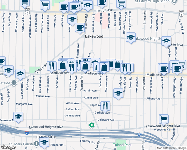 map of restaurants, bars, coffee shops, grocery stores, and more near 14555 Madison Avenue in Lakewood