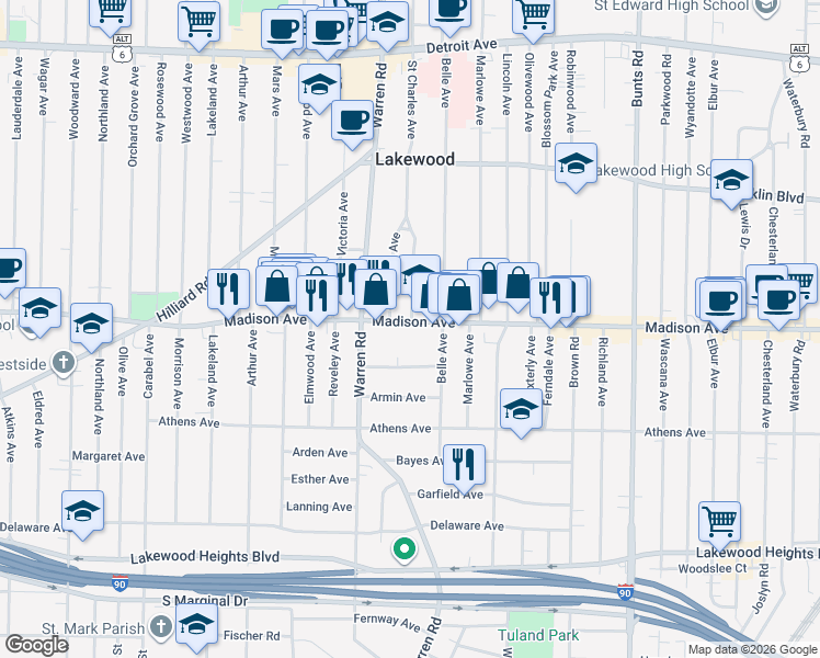 map of restaurants, bars, coffee shops, grocery stores, and more near 14555 Madison Avenue in Lakewood