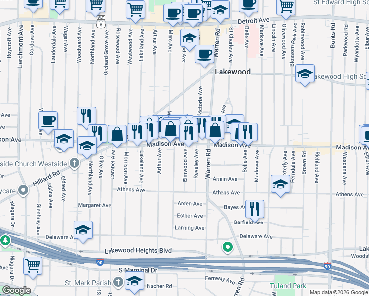 map of restaurants, bars, coffee shops, grocery stores, and more near 2026 Elmwood Avenue in Lakewood