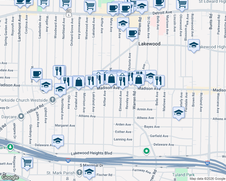map of restaurants, bars, coffee shops, grocery stores, and more near 2027 Arthur Avenue in Lakewood