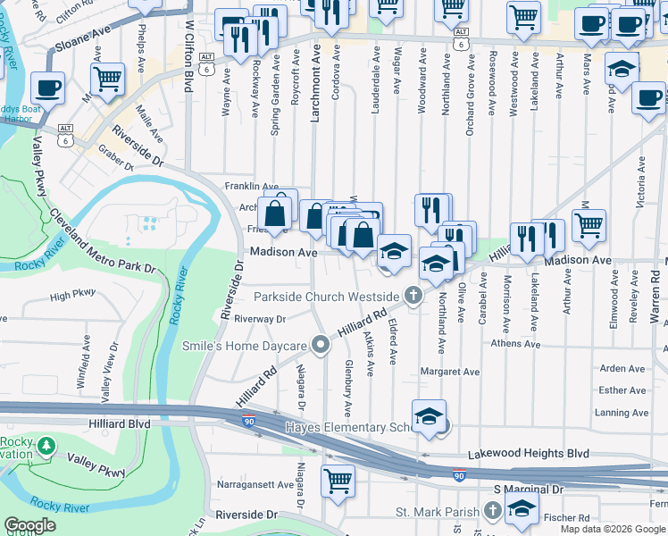 map of restaurants, bars, coffee shops, grocery stores, and more near 2026 Atkins Avenue in Lakewood
