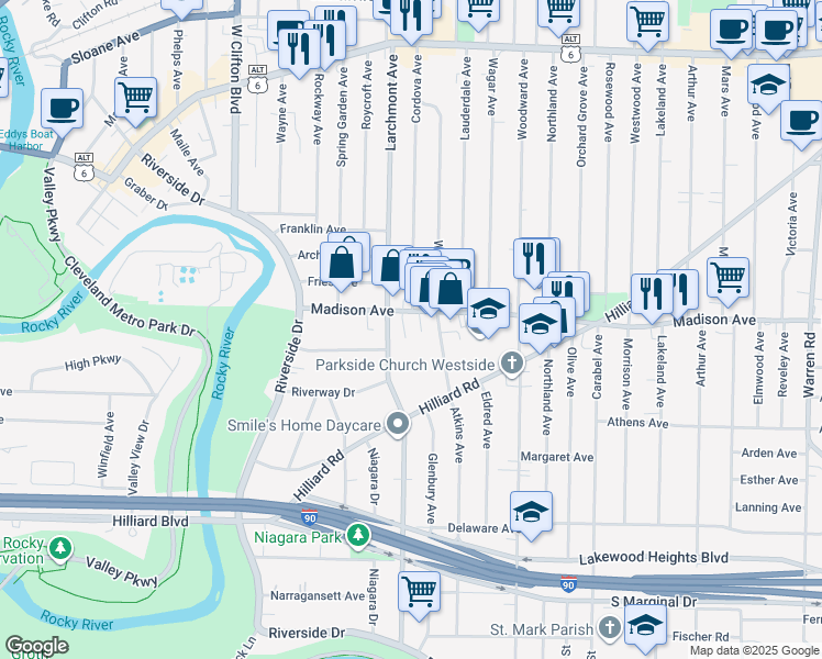 map of restaurants, bars, coffee shops, grocery stores, and more near 2026 Atkins Avenue in Lakewood