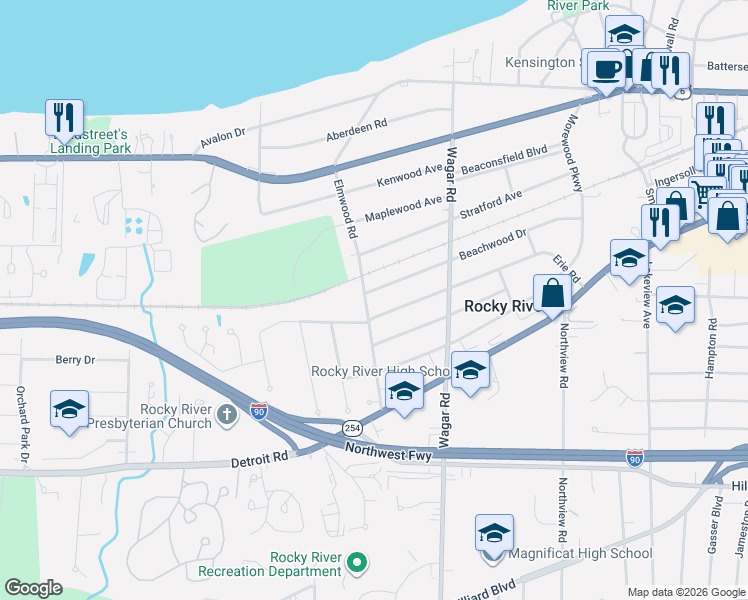 map of restaurants, bars, coffee shops, grocery stores, and more near 21391 Erie Road in Rocky River