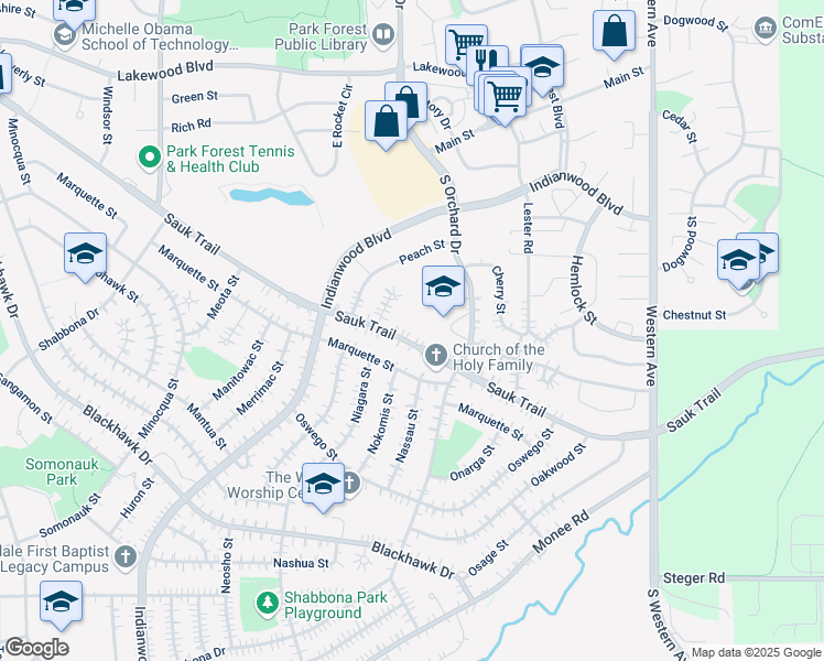 map of restaurants, bars, coffee shops, grocery stores, and more near 119 Sauk Trail in Park Forest
