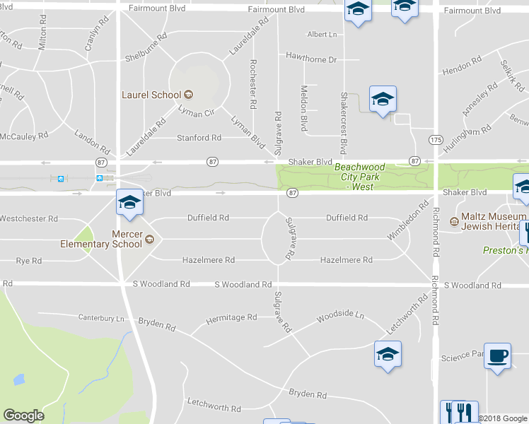 map of restaurants, bars, coffee shops, grocery stores, and more near 24235 Duffield Road in Shaker Heights