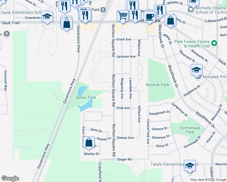 map of restaurants, bars, coffee shops, grocery stores, and more near 22700 Richton Square Road in Richton Park