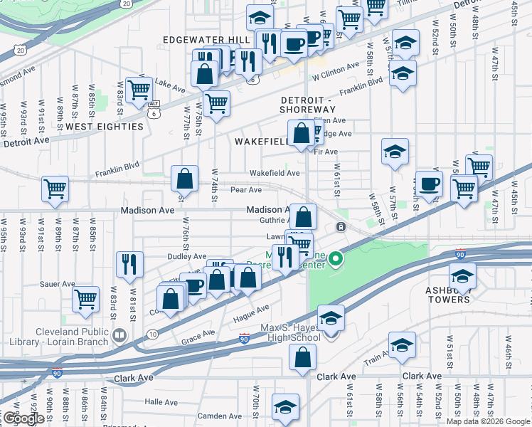 map of restaurants, bars, coffee shops, grocery stores, and more near 6711 Guthrie Avenue in Cleveland