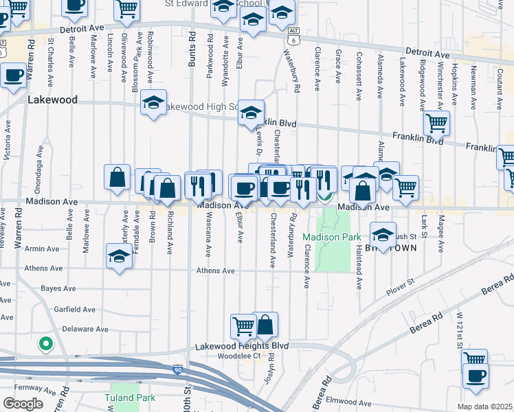 map of restaurants, bars, coffee shops, grocery stores, and more near Madison Ave & Lewis Dr in Lakewood