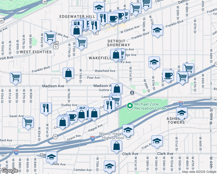 map of restaurants, bars, coffee shops, grocery stores, and more near 6711 Guthrie Avenue in Cleveland