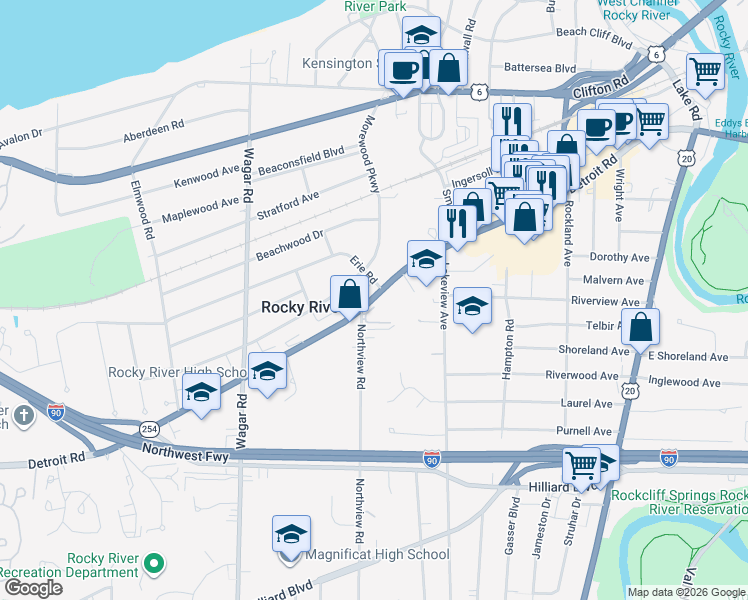 map of restaurants, bars, coffee shops, grocery stores, and more near 20333 Detroit Road in Rocky River