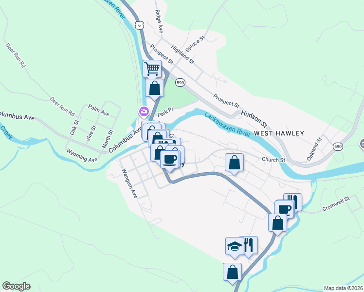 map of restaurants, bars, coffee shops, grocery stores, and more near 618 Barker Street in Hawley