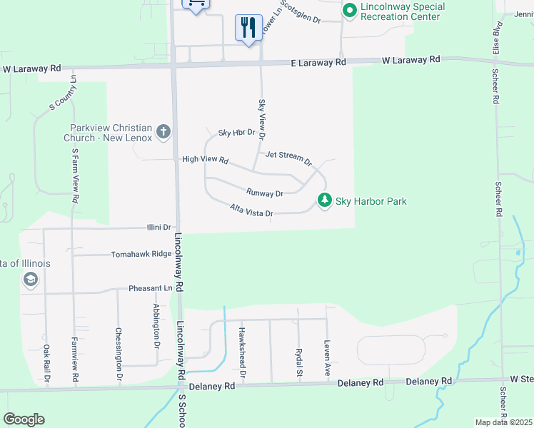 map of restaurants, bars, coffee shops, grocery stores, and more near Alta Vista in New Lenox