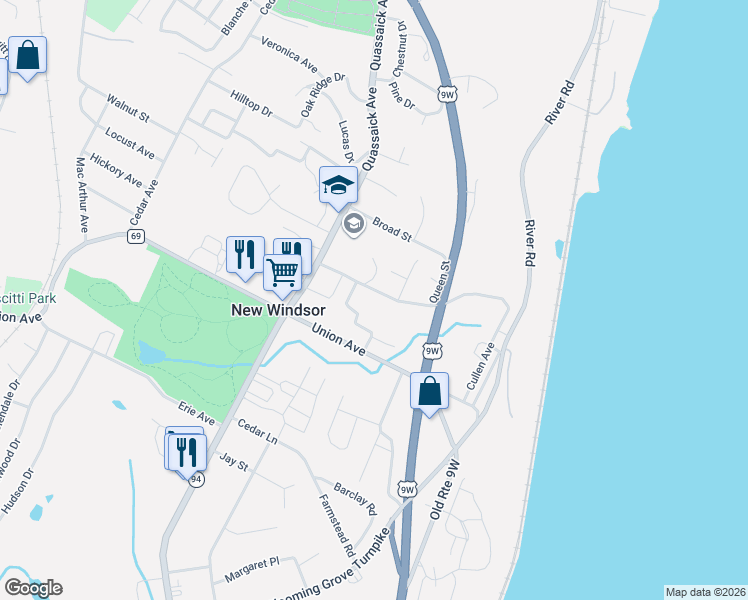 map of restaurants, bars, coffee shops, grocery stores, and more near 69 Silver Spring Road in New Windsor