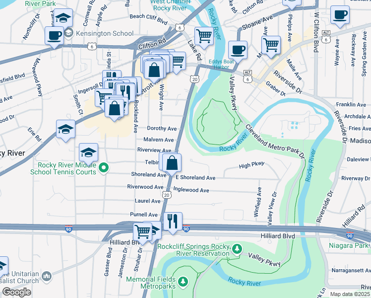 map of restaurants, bars, coffee shops, grocery stores, and more near 2089 Wooster Road in Rocky River