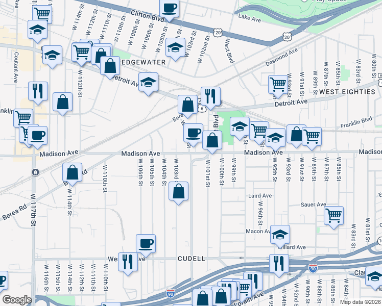 map of restaurants, bars, coffee shops, grocery stores, and more near Madison Ave & West Blvd in Cleveland