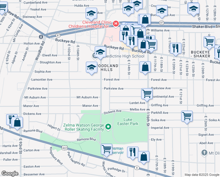 map of restaurants, bars, coffee shops, grocery stores, and more near Parkview Avenue in Cleveland