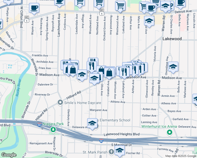 map of restaurants, bars, coffee shops, grocery stores, and more near 16101 Hilliard Road in Lakewood